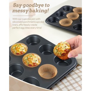 2 Pack Muffin Pan for Baking, Standard Cupcake Pan includes 100 Natural Cupcake Liners, Muffin Tin Nonstick 12 Cup, Baking Pans Set, Carbon Steel Baking Supplies
