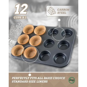 2 Pack Muffin Pan for Baking, Standard Cupcake Pan includes 100 Natural Cupcake Liners, Muffin Tin Nonstick 12 Cup, Baking Pans Set, Carbon Steel Baking Supplies
