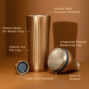 Elevated Craft Diamond Edition Hybrid Cocktail Shaker Set - Premium Vacuum Insulated Brushed Copper, 28 oz, Includes Built-in Strainer, Precise Measuring Top & XL Polishing Cloth - Martini Shaker