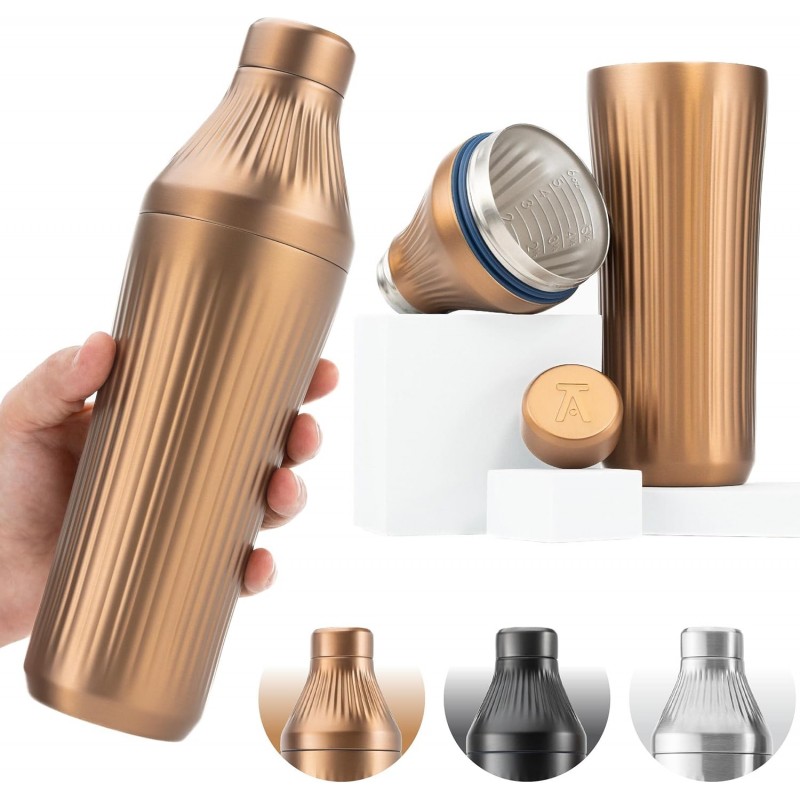 Elevated Craft Diamond Edition Hybrid Cocktail Shaker Set - Premium Vacuum Insulated Brushed Copper, 28 oz, Includes Built-in Strainer, Precise Measuring Top & XL Polishing Cloth - Martini Shaker