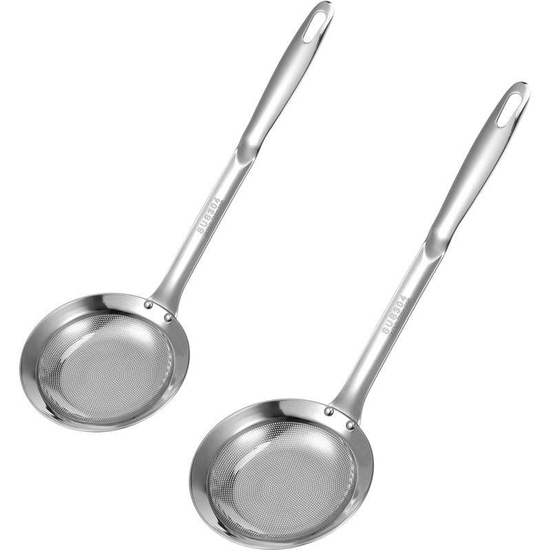 2 Piece Multifunctional Fat Skimmer, Stainless Steel Fine Mesh Strainer with Long Handle for Hot Pot, Foam Separation, 3.54