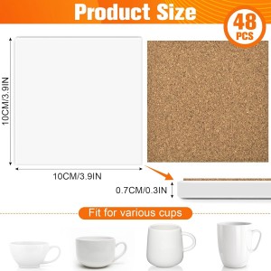 48 PCS Sublimation Coasters Blanks Ceramic Tiles Bulk 4x4 White Unglazed Glazed Ceramic Tiles for Crafts with 48 Cork Sticker Back, Square Coasters Sublimation for Heat Transfer DIY Painting