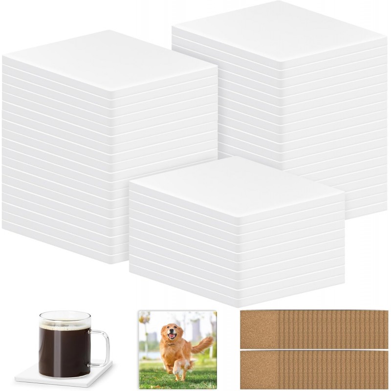 48 PCS Sublimation Coasters Blanks Ceramic Tiles Bulk 4x4 White Unglazed Glazed Ceramic Tiles for Crafts with 48 Cork Sticker Back, Square Coasters Sublimation for Heat Transfer DIY Painting