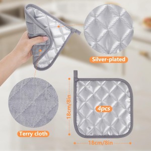 4 Pack Potholders for Kitchen, Heat-Resistant Quilted Cotton Hot Pads, Durable and Machine Washable with Hanging Loop Mat for Cooking, Baking, and Grilling Gray