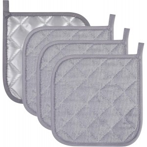 4 Pack Potholders for Kitchen, Heat-Resistant Quilted Cotton Hot Pads, Durable and Machine Washable with Hanging Loop Mat for Cooking, Baking, and Grilling Gray