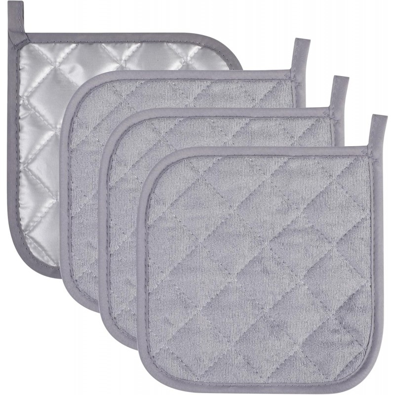4 Pack Potholders for Kitchen, Heat-Resistant Quilted Cotton Hot Pads, Durable and Machine Washable with Hanging Loop Mat for Cooking, Baking, and Grilling Gray