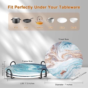 3-Pcs 7'' Ceramic Marble Style Trivet with Holder, Absorbent Trivets for Hot Dishes, Cork Bottom Anti-Slip Trivet Mats for Hot Pots and Pans