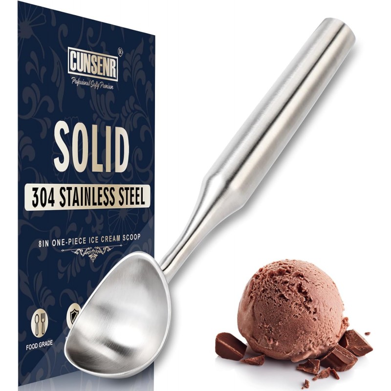 Stainless Steel Ice Cream Scoop - Heavy Duty Ice Cream Scooper with Ergonomic Handle - One-Piece Metal Ice Cream Spoon for Gelato, Sorbet, Cookies - Durable, Easy to Use & Dishwasher Safe