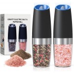 Battery Operated Salt And Pepper Grinder Set with LED Light, Automatic Electric Gravity Salt And Pepper Shakers Set, Each 6 AAA Batteries Needed, Adjustable Roughness, 2 Pack (Black)