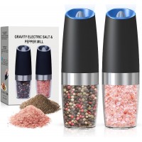 Battery Operated Salt And Pepper Grinder Set with LED Light, Automatic Electric Gravity Salt And Pepper Shakers Set, Each 6 AAA Batteries Needed, Adjustable Roughness, 2 Pack (Black)