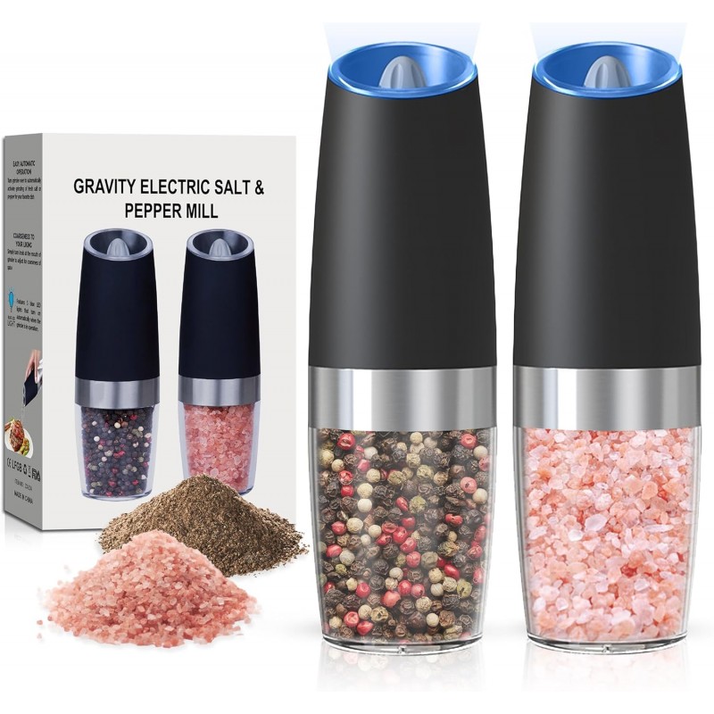 Battery Operated Salt And Pepper Grinder Set with LED Light, Automatic Electric Gravity Salt And Pepper Shakers Set, Each 6 AAA Batteries Needed, Adjustable Roughness, 2 Pack (Black)