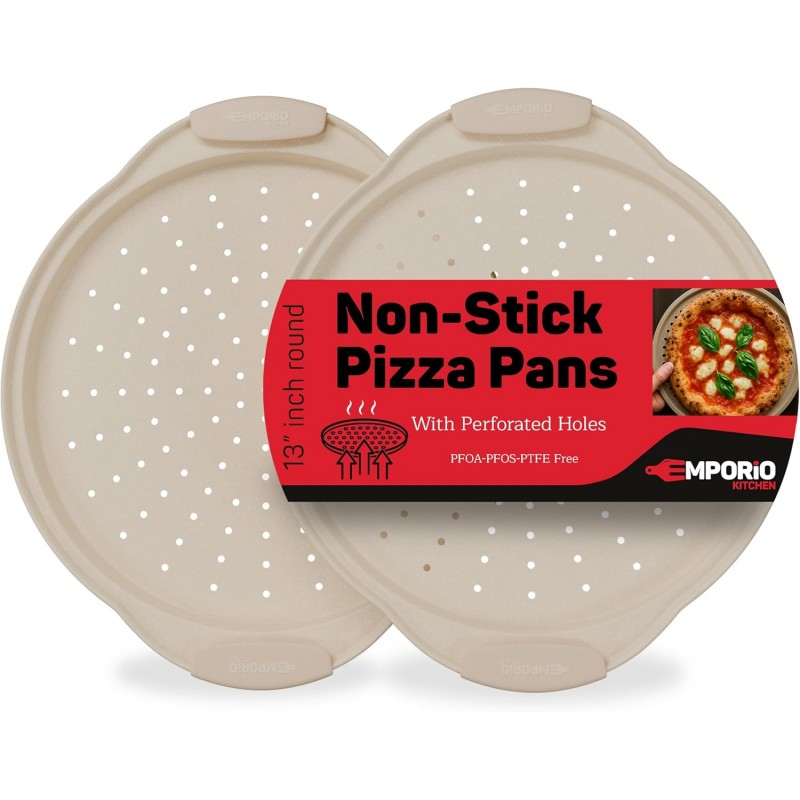 Non-Stick Pizza Pan with Silicone Handle 2 Pack, 13 Inch Round Carbon Steel Tray with Perforated Holes, Dishwasher & Oven Safe Up To 450°F, PFOAPFOSPTFE Free, Durable Nonstick White Marble Coating