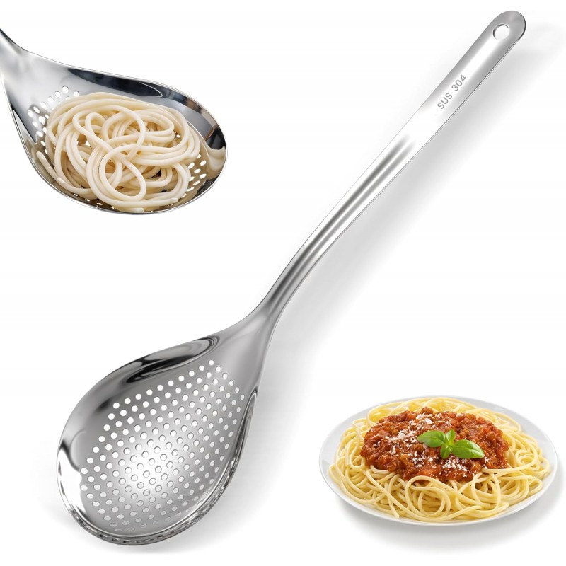 Skimmer Slotted Spoon, 304 Stainless Steel Spider Strainer Ladle Spoon, Pasta Strainer Spoon Colander for Kitchen Cooking Frying Skim Grease Gravy and Foam