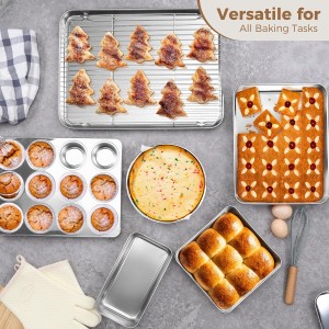 E-far 9-Piece Baking Pan Set, Stainless Steel Bakeware Sets for Sheet Cake Cookie Loaf Muffin, Include Baking Sheet, Round Square Rectangle Baking Pan & Cooling Rack, Dishwasher Safe