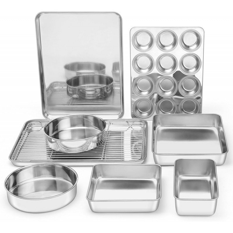 E-far 9-Piece Baking Pan Set, Stainless Steel Bakeware Sets for Sheet Cake Cookie Loaf Muffin, Include Baking Sheet, Round Square Rectangle Baking Pan & Cooling Rack, Dishwasher Safe