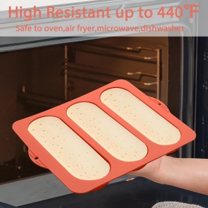 Silicone Hot Dog Bun Pans for Baking, 3-Cavity Nonstick French Baguette Bread Molds, Terracotta Orange, Set of 2