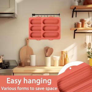 Silicone Hot Dog Bun Pans for Baking, 3-Cavity Nonstick French Baguette Bread Molds, Terracotta Orange, Set of 2
