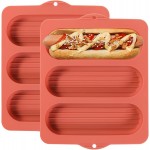 Silicone Hot Dog Bun Pans for Baking, 3-Cavity Nonstick French Baguette Bread Molds, Terracotta Orange, Set of 2