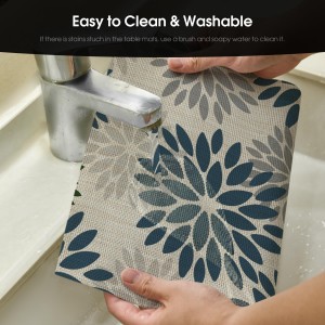 Artoid Mode Floral Vinyl Plistic Placemats Set of 6, Heat Resistant Washable Non-Slip PVC Place Mats for Party Kitchen Dining Decor, Blue Grey