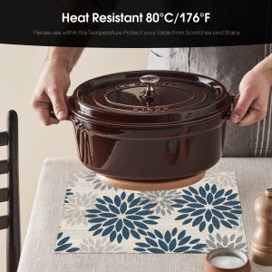 Artoid Mode Floral Vinyl Plistic Placemats Set of 6, Heat Resistant Washable Non-Slip PVC Place Mats for Party Kitchen Dining Decor, Blue Grey