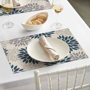 Artoid Mode Floral Vinyl Plistic Placemats Set of 6, Heat Resistant Washable Non-Slip PVC Place Mats for Party Kitchen Dining Decor, Blue Grey