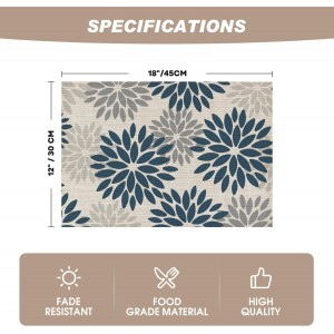Artoid Mode Floral Vinyl Plistic Placemats Set of 6, Heat Resistant Washable Non-Slip PVC Place Mats for Party Kitchen Dining Decor, Blue Grey