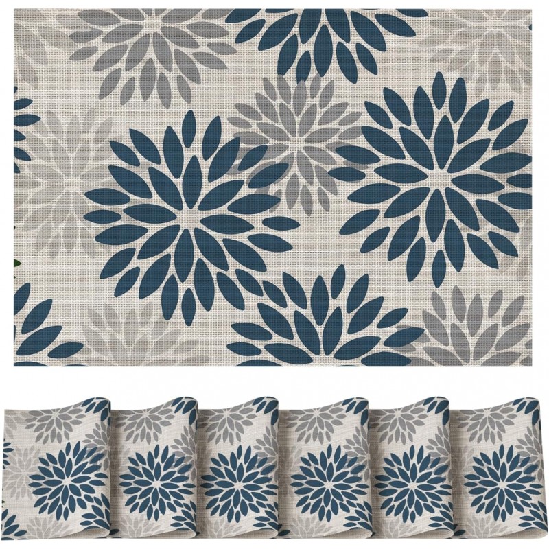 Artoid Mode Floral Vinyl Plistic Placemats Set of 6, Heat Resistant Washable Non-Slip PVC Place Mats for Party Kitchen Dining Decor, Blue Grey