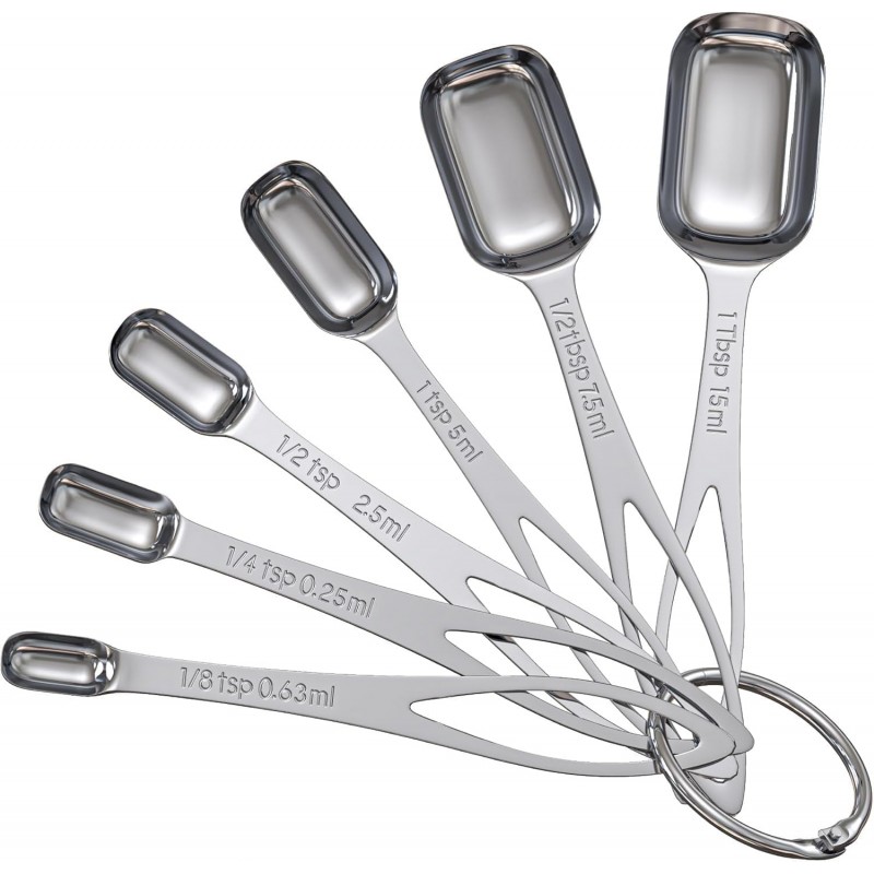 6PCS Narrow Measuring Spoons Set, Stainless Steel Measuring Spoon Fits in Spice Jars, Metal Teaspoon Measuring Spoons, Rectangular Tablespoon, Long Measuring Spoons for Dry & Liquid Ingredients