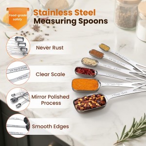 6PCS Narrow Measuring Spoons Set, Stainless Steel Measuring Spoon Fits in Spice Jars, Metal Teaspoon Measuring Spoons, Rectangular Tablespoon, Long Measuring Spoons for Dry & Liquid Ingredients