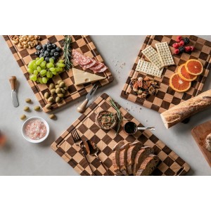 Cutting Boards for Kitchen, Checkered Cutting Board Upgraded, Acacia Wood Chopping Board with Juice Grooves & Handles, Large Butcher Block Serving Tray with Gift Box, 16.5" x 11.6" x 0.8"