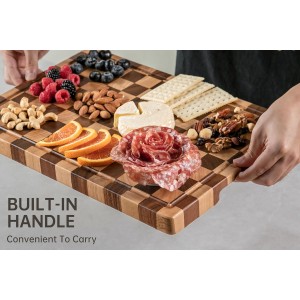 Cutting Boards for Kitchen, Checkered Cutting Board Upgraded, Acacia Wood Chopping Board with Juice Grooves & Handles, Large Butcher Block Serving Tray with Gift Box, 16.5" x 11.6" x 0.8"