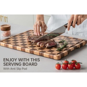 Cutting Boards for Kitchen, Checkered Cutting Board Upgraded, Acacia Wood Chopping Board with Juice Grooves & Handles, Large Butcher Block Serving Tray with Gift Box, 16.5" x 11.6" x 0.8"