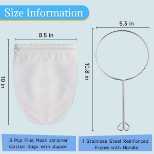 Fine Mesh Strainer, 3Pcs Reusable Cloth Strainer Bags with Stainless Steel Handle, Nut Milk Bag, Juice Strainer for Kitchen