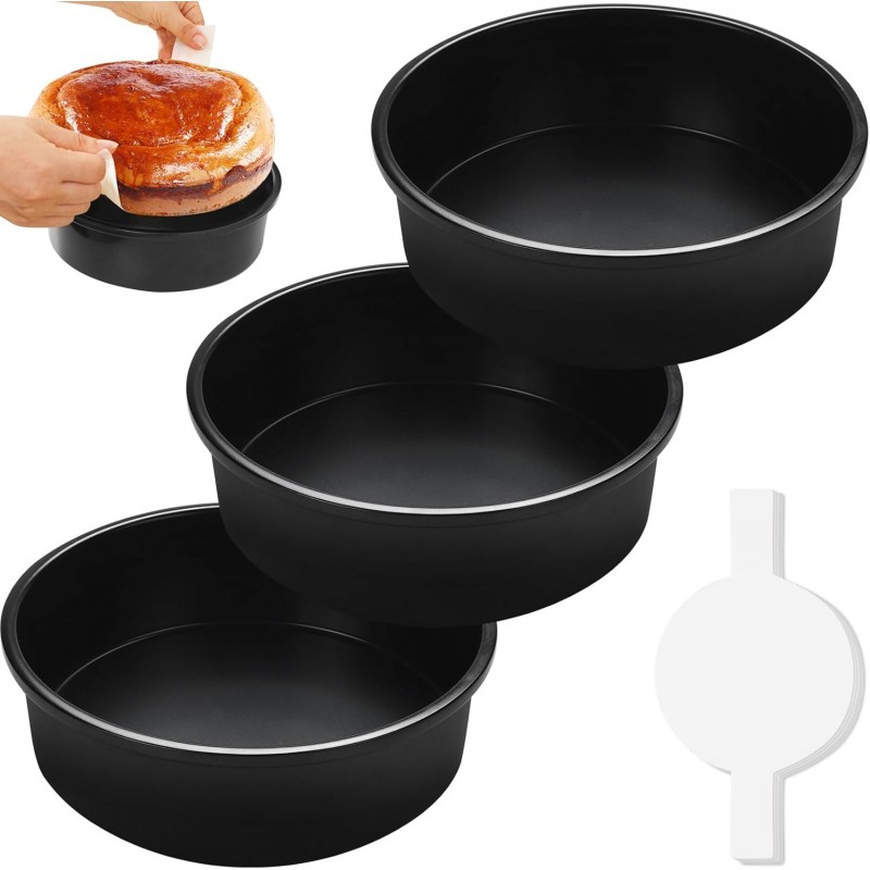 8 Inch Cake Pan Set of 3, Nonstick Round Cake Pans with 110 PCS Parchment Paper, Non-Toxic Carbon Steel Cake Baking Pans, Dishwasher Safe