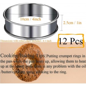12packs Crumpet Rings 4 Inch English Muffin Rings Stainless Steel Double Rolled Nonstick Metal Round Tart Ring Molds for Cookie Cooking Baking