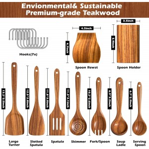 Natural Teak Kitchen Cooking Utensil Set with Holder, Wooden Spoons for Cooking, 10PCS Cooking Spatulas Set with Spoon Rest, Wooden Utensil Set for Nonstick Cookware Sturdy & Lightweight