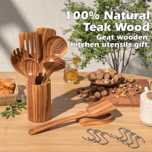 Natural Teak Kitchen Cooking Utensil Set with Holder, Wooden Spoons for Cooking, 10PCS Cooking Spatulas Set with Spoon Rest, Wooden Utensil Set for Nonstick Cookware Sturdy & Lightweight