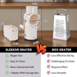 5 in 1 Rotary Cheese Grater Vegetable Slicer with Handle - Upgraded Hand Crank Cheese Grater with Handle and Strong Suction Base, Multi-Purpose Vegetable Slicer with 5 Well-Designed Blades