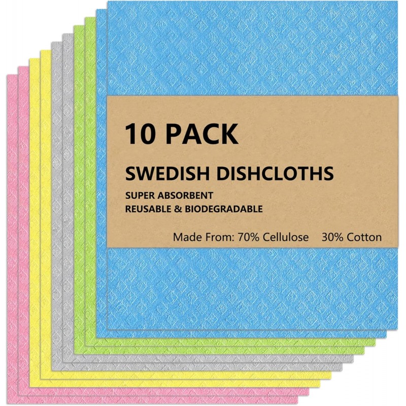 Swedish Dish Cloths 10 Pack - Ultra Absorbent Reusable Cellulose Sponge Cloths | Eco-Friendly Kitchen Towels for Dishes, Countertops & Cleaning | Fast-Drying, Biodegradable (Assorted Colors)