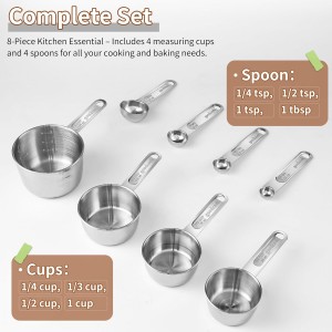 Measuring Cups and Spoons Set (8 Piece), Stainless Steel Measuring，4 Spoons, 4 Cups, Metal Measuring Cups for Cooking & Baking