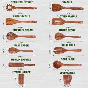 12 Piece Wooden Spoons for Cooking, Natural Teak Wooden Utensils Set, Handmade Wood Kitchen Utensil Set with Holder and Spoon, Durable Nonstick, Comfort Grip Wood Cookware Tool