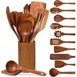 12 Piece Wooden Spoons for Cooking, Natural Teak Wooden Utensils Set, Handmade Wood Kitchen Utensil Set with Holder and Spoon, Durable Nonstick, Comfort Grip Wood Cookware Tool