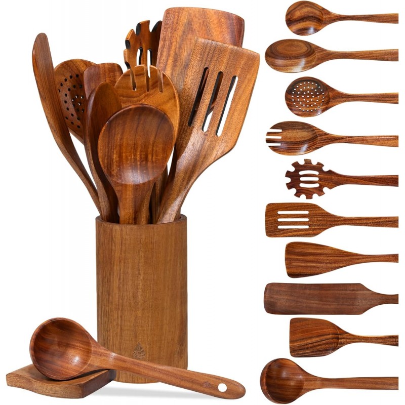 12 Piece Wooden Spoons for Cooking, Natural Teak Wooden Utensils Set, Handmade Wood Kitchen Utensil Set with Holder and Spoon, Durable Nonstick, Comfort Grip Wood Cookware Tool