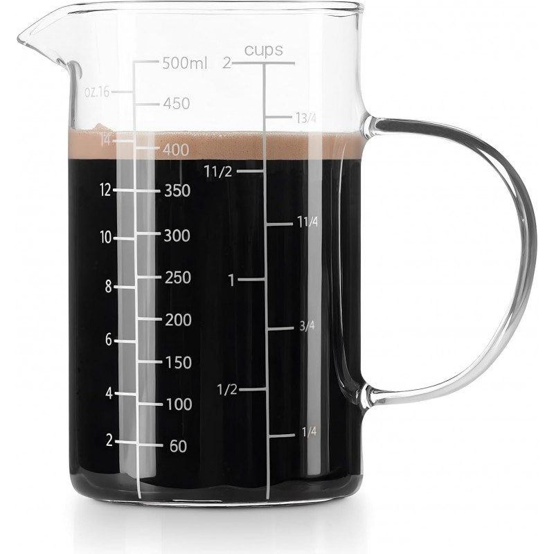 Glass Measuring Cup, 500ML (18OZ, 2 Cups), with Three Scales and V-Shaped Mouth Measuring Cup, High Borosilicate Glass Liquid Measuring Cups, Suitable for Kitchen and Restaurant.