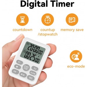 Dual Kitchen Timer Digital - 2 Channel for Cooking with Loud Adjustable Alarm, Magnetic Back and Stand, Battery Operated for Baking, BBQ, Study, and Exercise