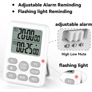 Dual Kitchen Timer Digital - 2 Channel for Cooking with Loud Adjustable Alarm, Magnetic Back and Stand, Battery Operated for Baking, BBQ, Study, and Exercise