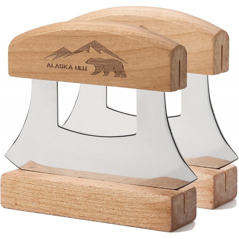 Alaskan Ulu Knives Pizza Cutter Chopper Slicer for Salad Vegetables Meat Chopping Mincing with Wooden Stand Arthritic Tool 5x4in (2)