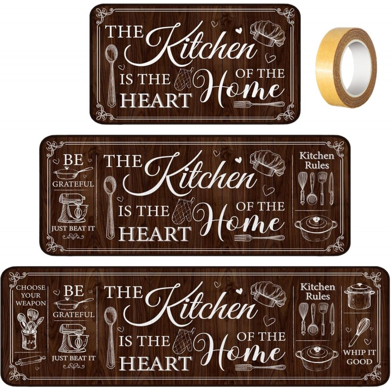 Sets of 3 Brown Kitchen Rugs and Mats Retro Brown Kitchen Rugs Non Slip Washable Door Mats for Floor Home Bathroom Cabin Farmhouse Decor