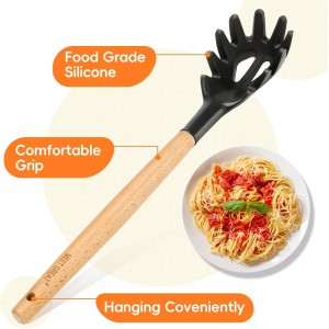 Premium Spaghetti Spoon Pasta Fork, Silicone Pasta Spoon with Teeth and Wood Handle, Non-Scratch Pasta Server for Spaghetti, Noodles, and All Pasta Types MEET GREAT