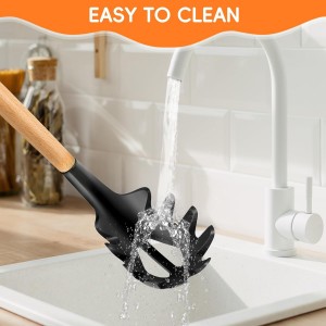 Premium Spaghetti Spoon Pasta Fork, Silicone Pasta Spoon with Teeth and Wood Handle, Non-Scratch Pasta Server for Spaghetti, Noodles, and All Pasta Types MEET GREAT